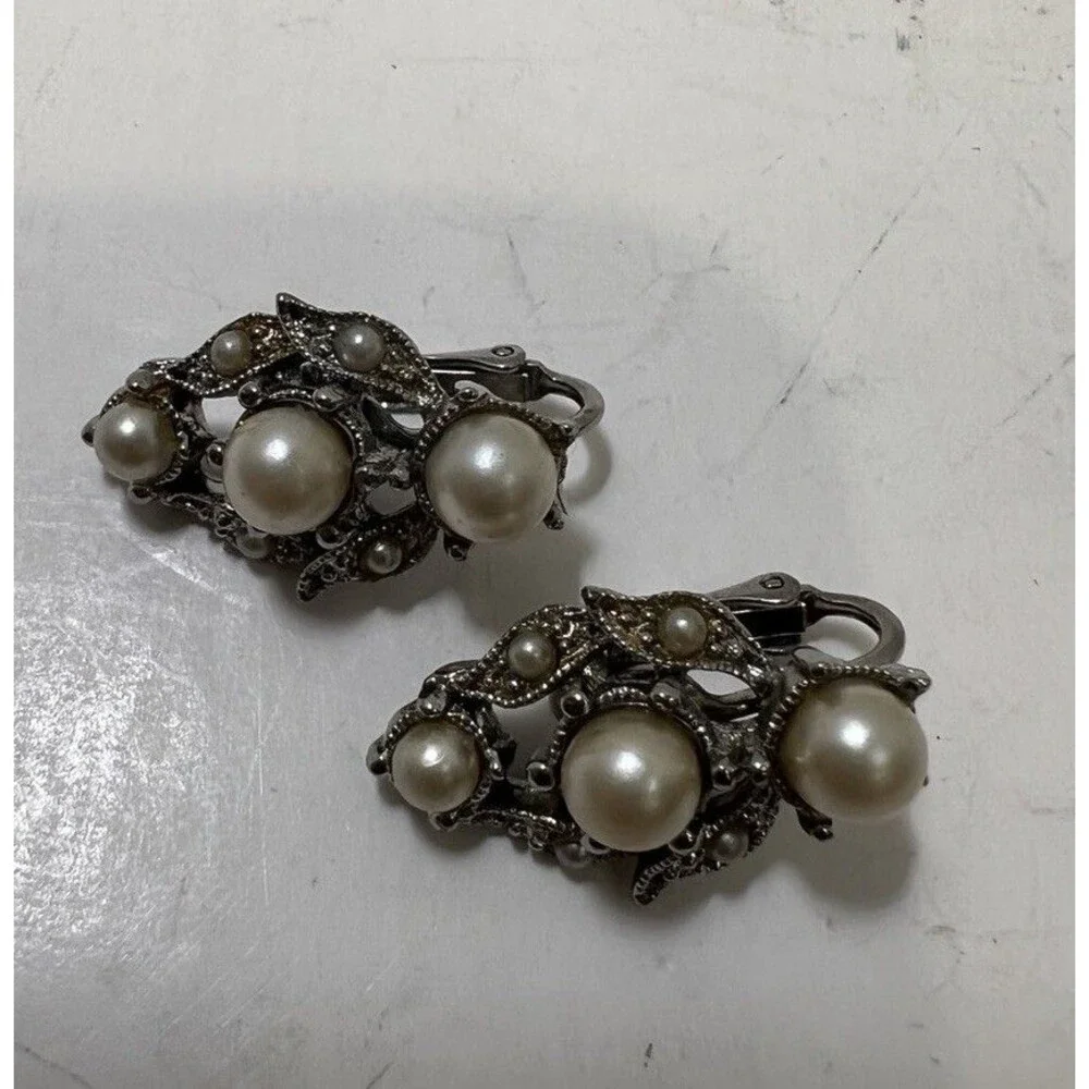 Vintage Faux Pearl Elegant Clip On Earrings Silver MCM Detailed Metalwork 1960s